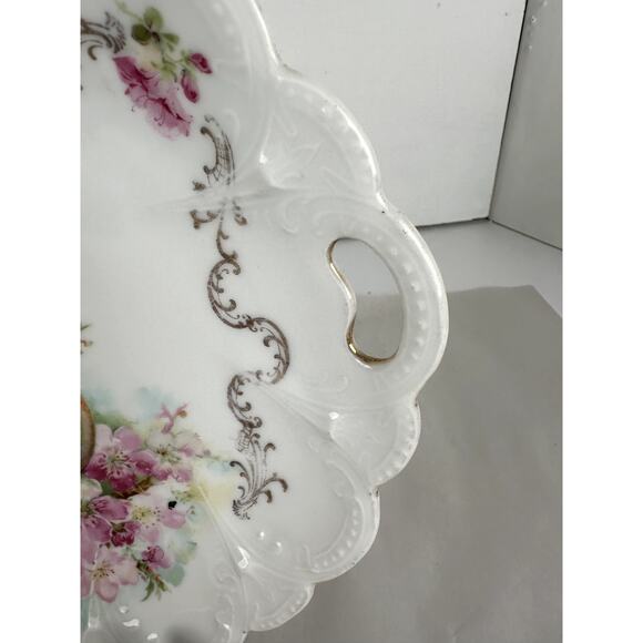Serving Dish Bavarian Style Fruit Floral Handles Silver Gold Trim 10 Ins. - Picture 4 of 10